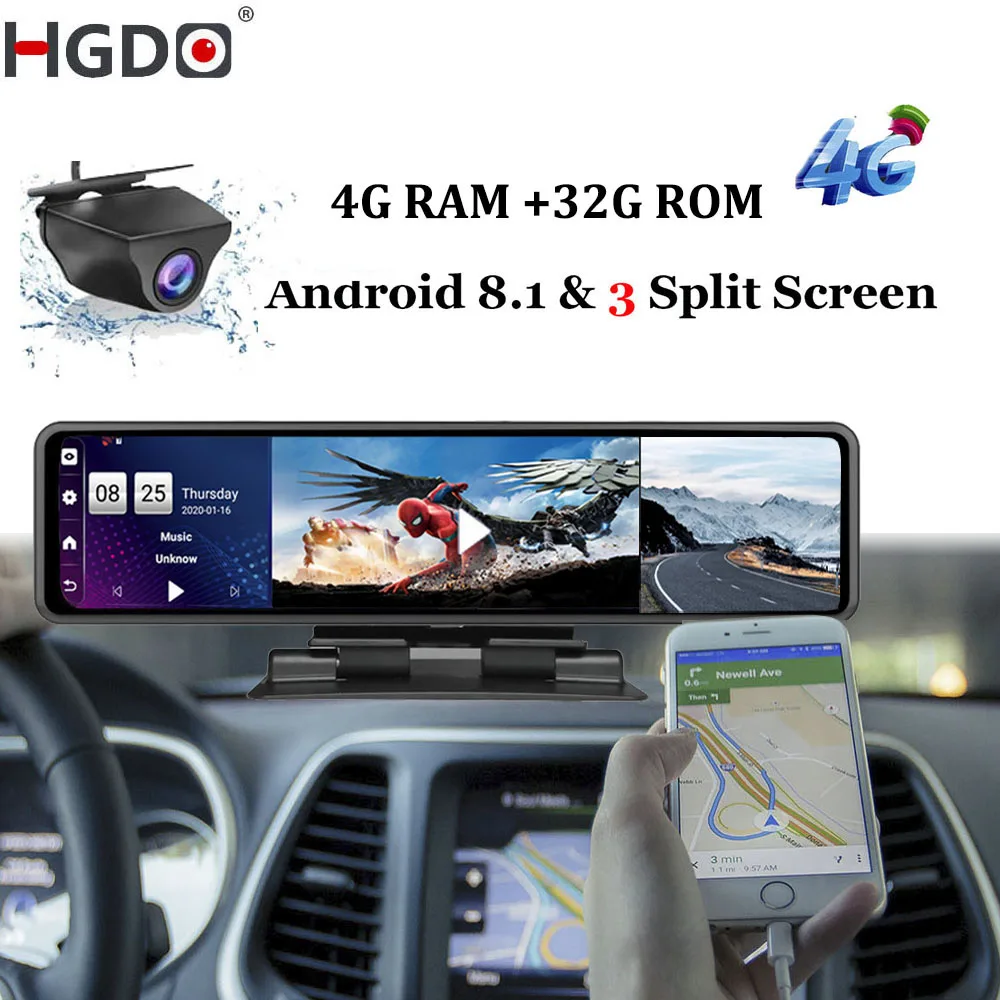 Hgdo 12 4 4 4g carro dvr dashboard câmera android 8.1 4g + 32gadas espelho retrovisor gravador de vídeo 1080p wifi gps traço cam console