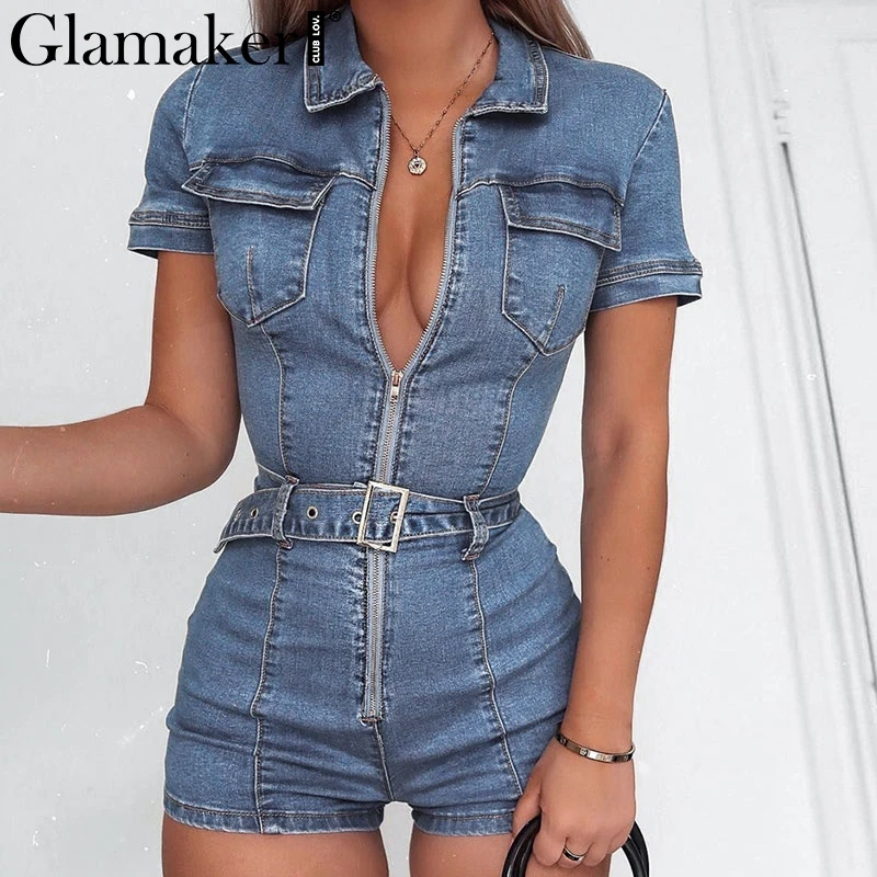 Женский комбинезон Glamaker голубой джинсовый короткий сексуальный облегающий