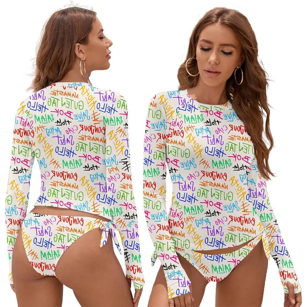 2021 Summer Surfing Swimsuit For Women Bikini Long Sleeve Swimwear Floral Print Push Up Bath Suit Two Piece Bandeau Biquini