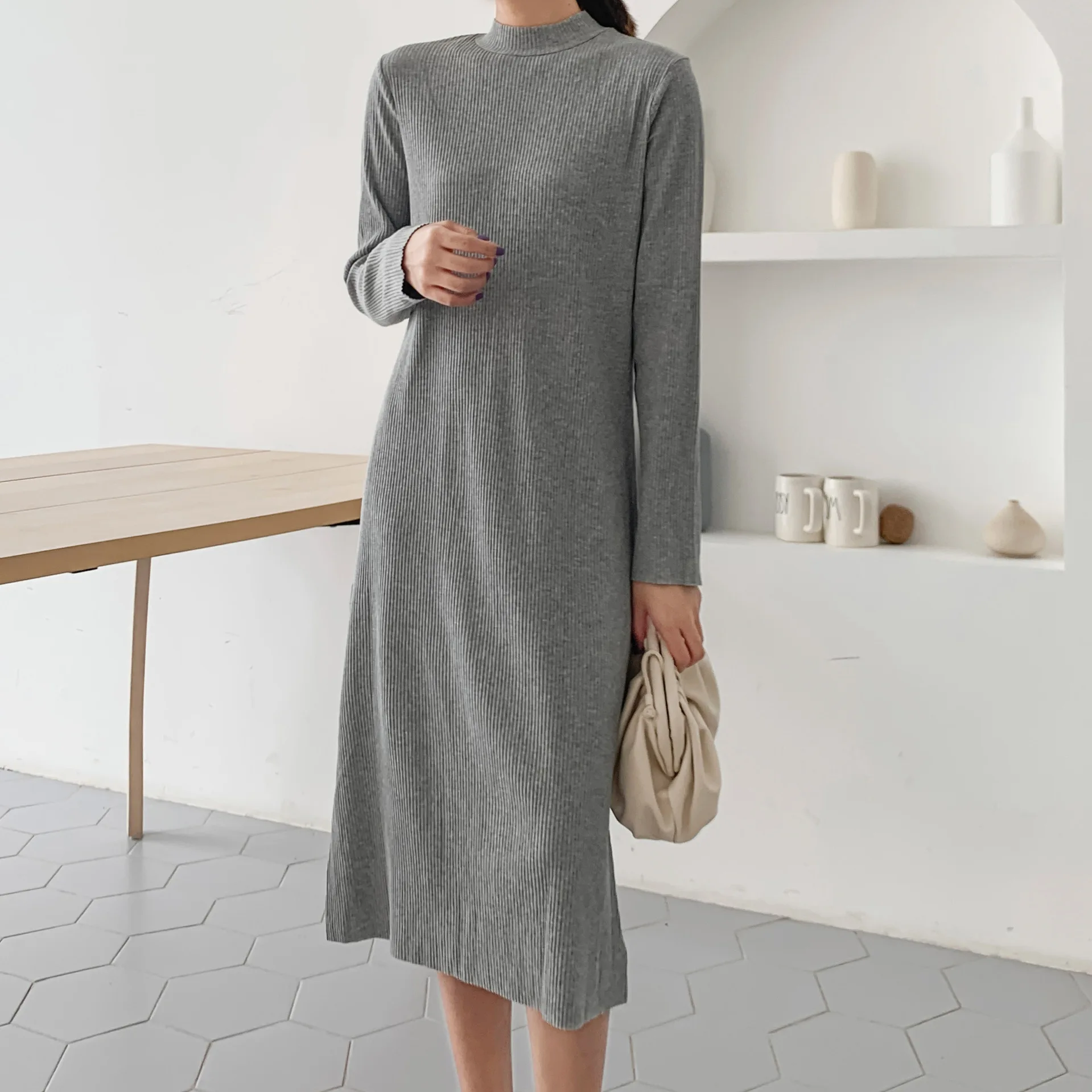 

2019 Autumn Winter Bottom Dress Potholes Long Swinging Open Fork Half High Collar Long Sleeved Solid Casual Women's Dress