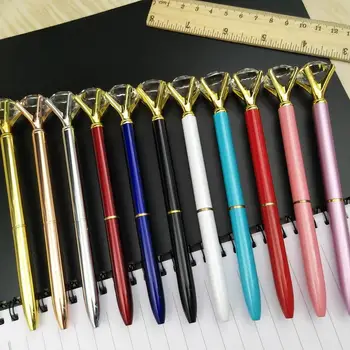 

500pcs Big Crystal Diamond Pen Metal Ballpoint Pen Black Ink Ring Wedding Office Metal Ring Roller Ball Pen