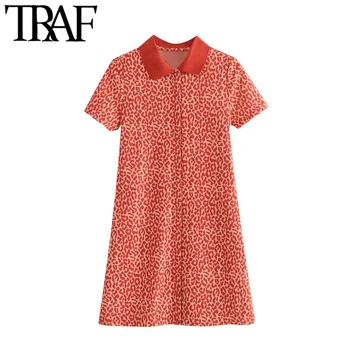 

TRAF Women Chic Fashion Leopard Print Knitted Mini Dress Vintage Short Sleeve Animal Pattern Female Dresses Vestidos
