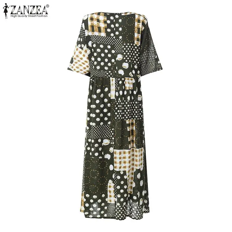 ZANZEA/Большие размеры, женское платье, Длинные Макси платья, женские винтажные платья с принтом, повседневные Сарафаны с круглым вырезом, вечерние пляжное платье