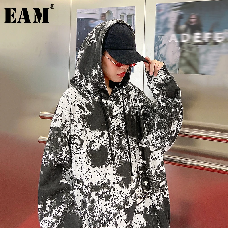 

[EAM] Loose Fit Black Pattern Print Oversized Sweatshirt New Hooded Long Sleeve Women Big Size Fashion Tide Spring 2020 1N815