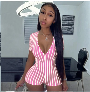 

Short Sleeve Sexy Women Bandage Playsuit Ladies Striped Printed Female Summer Evening Party Clothes Deep Jumpsuit