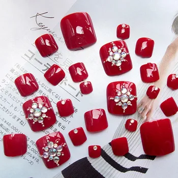 

24 Pcs/Set Fashion Foot False Nail Tips Shining Rhinestone Women Ladies Fake Toes Nails With Glue Toe Art Tool J9