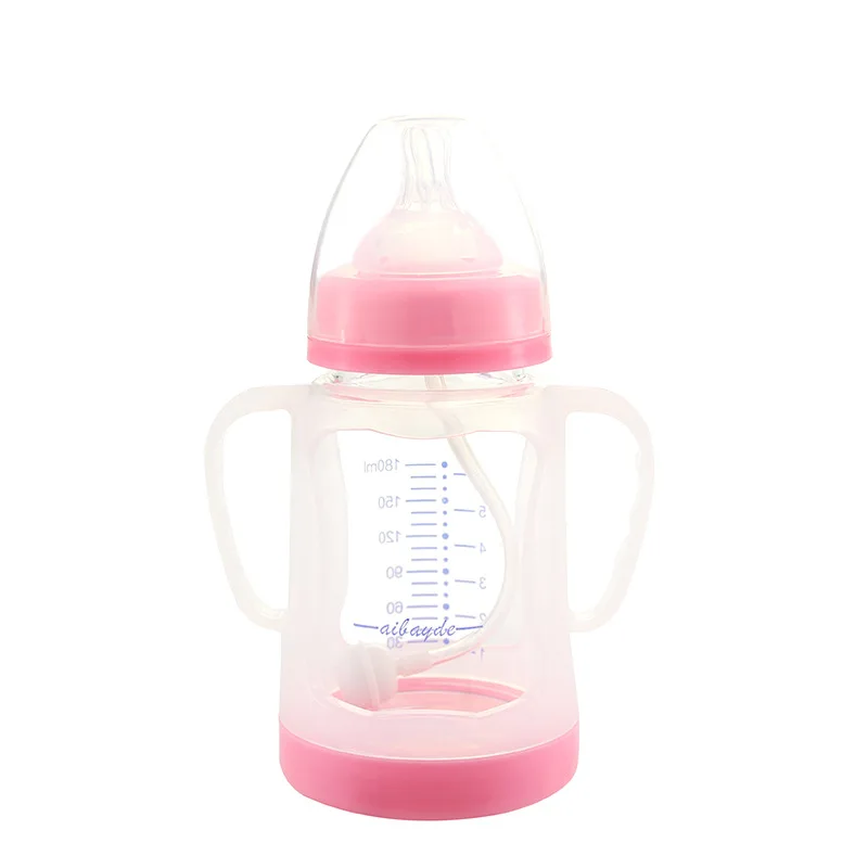 

Apple bear Newborns Wide Mouth Borosilicate Feeding Bottle Baby Belt Handle Explosion-Proof Glass Baby Feeding Bottle 180 Ml
