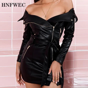 

Sexy PU Leather Dress Female Slash Neck Long Sleeve Large Size Loose Mini Dresses Women Clothes 2020 Autumn Fashion New Y760
