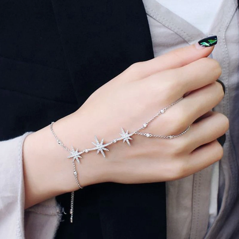 

Trendy Zirconia Crystal Stars Slave Chain Bracelet for Women Finger Hand Adjustable Chain Jewelry e Finger Hand Harness Bracelet
