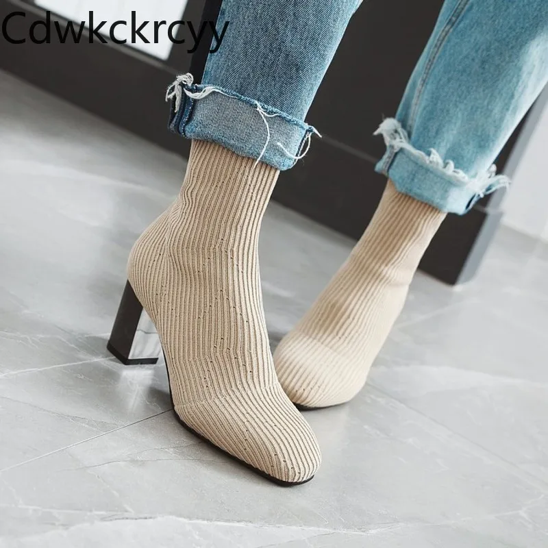 

winter The New fashion knitting Round head Thick heel boots elastic force Plus cashmere Keep warm High heel Women boots