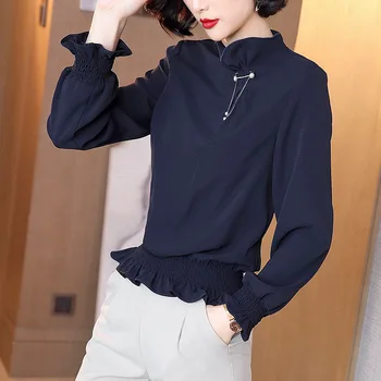 

New Arrival Women's Spring High Fashion Beading Ruffles Chiffon Peplum Blouses And Tunic Tops Female Casual Loose Shirt Blouse