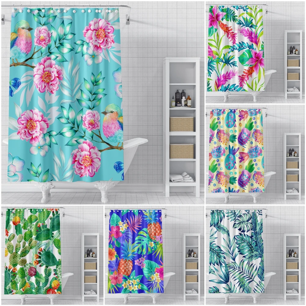 

Занавеска для душа с тропическими зелеными растениями, листьями, водостойкая, из полиэстера, с крючками