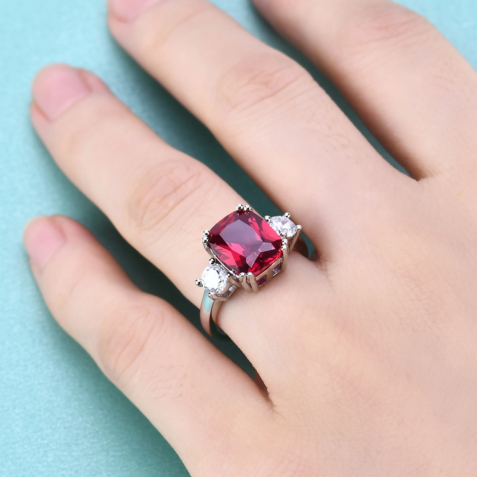 RICA FELIZ 925 Sterling Silver Gemstone Ring Cushion Lab Ruby Three-stone Engagement Rings For Women Wedding Fine Jewelry RicaFeliz • 2022