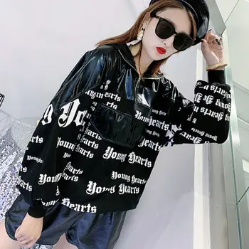 

XUXI Korean Style Tide Brand Sweatshirt Plus Size Hoodies Women Fashion Splice Printed Letters Hip Hop Tops Streetwear FZ0587