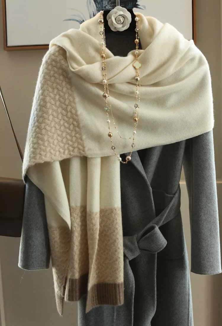 Knitted as picture Осенне-зимний шарф из чистого 100 кашемира, вязанный мужской и женский модный зимний двойной теплый толстый большой шарф с воротником унисекс - Цвет: Knitted as picture