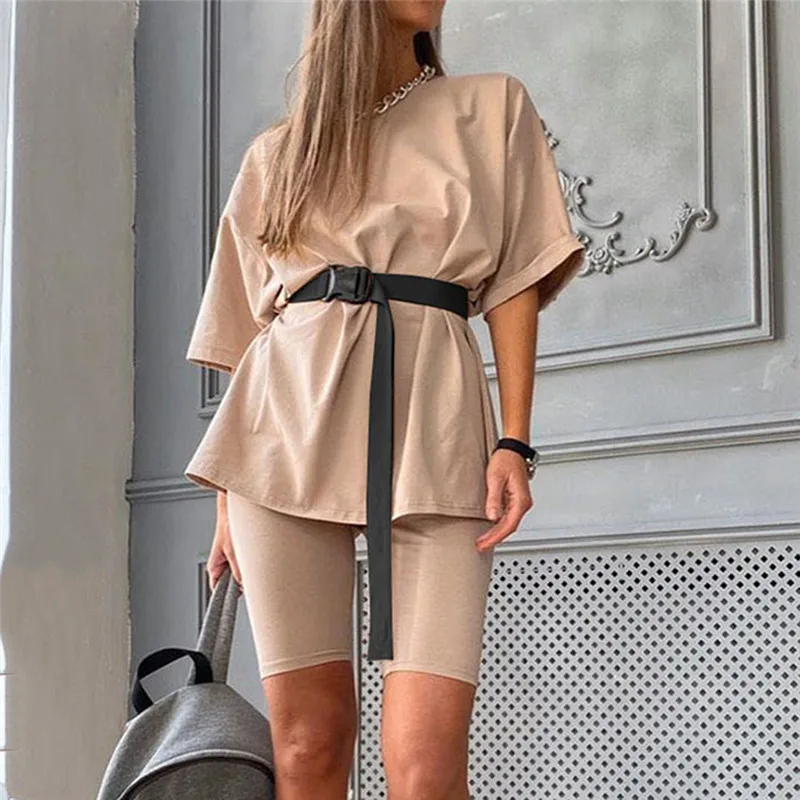 plus size pjs Casual Solid Outfits Women's Two Piece Suit With Belt Home Loose Sports Tracksuits Fashion Leisure Bicycle Suit Summer skirt and top co ord