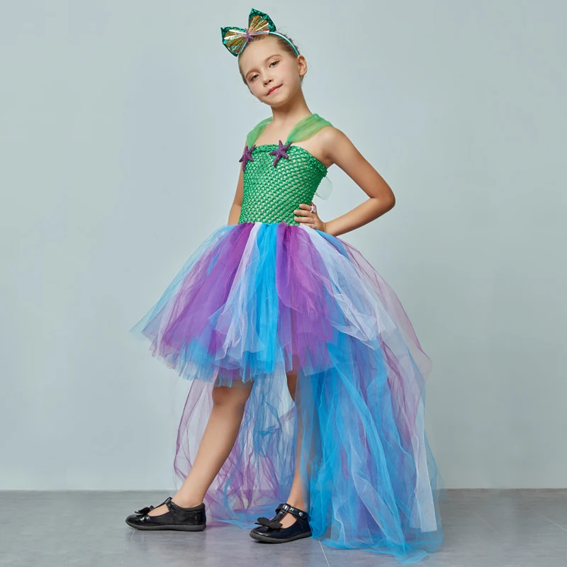 Mermaid Flower Girl Tutu Dress with Trail Kids Summer Wedding Under the Sea Birthday Couture Starfish Costume Girls Ball Gown (1)