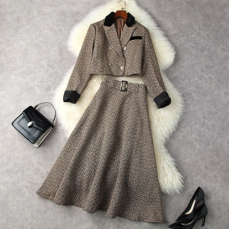 

European and American women's clothing winter 2022 new Long sleeves and double breasted buttons Short coat skirts woolen suits