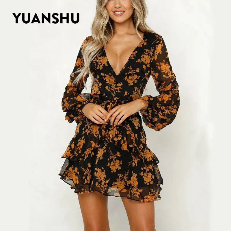 

YUANSHU Summer Autumn Floral Print Sashes Pullover Mini Dress Women V Neck Lantern Sleeve Ruffles Dress Elegant Holiday Dresses
