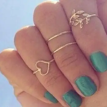 

4Pcs/Set Rhinestone Leaf Heart Above Knuckle Midi Stack Ring Boho Party Jewelry 2020