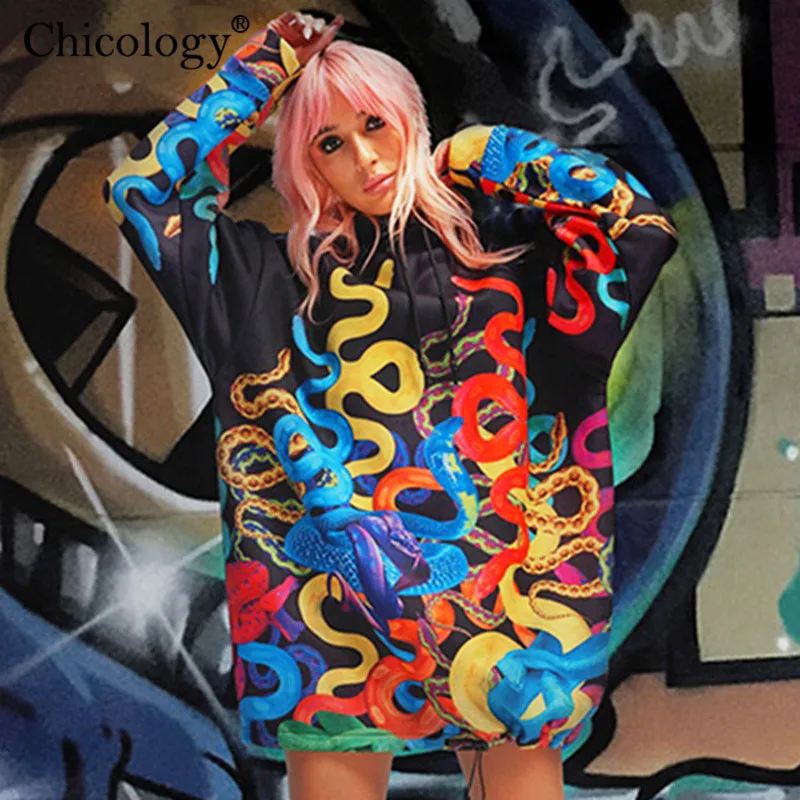 Чикология Змеиный принтом принт готика готическое панк Толстовка с капюшоном