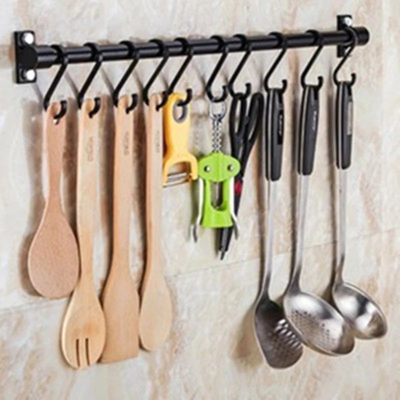 

40cm-6 hooks/60cm-10 hooks Kitchen Utensil & Gadget Wall Hanging Rail Rack Bathroom Space Aluminium Holder Tools new 2019