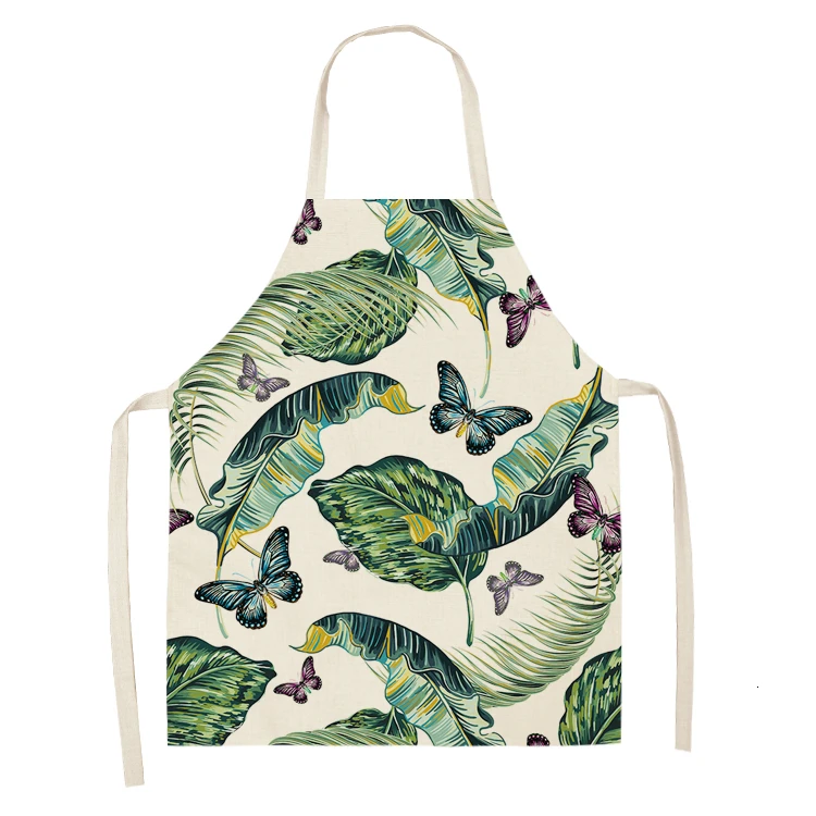 1pcs Butterfly Sleeveless Apron Cotton Linen Flower Printed Kitchen Pinafore Women Home Cooking Baking Waist Bib 53*65cm WQL0147 - Color: WQL0147-16