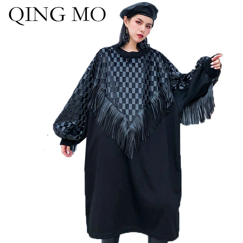 QING MO Черное Женское зимнее платье 2020 плотное теплое женское лоскутное клетчатое