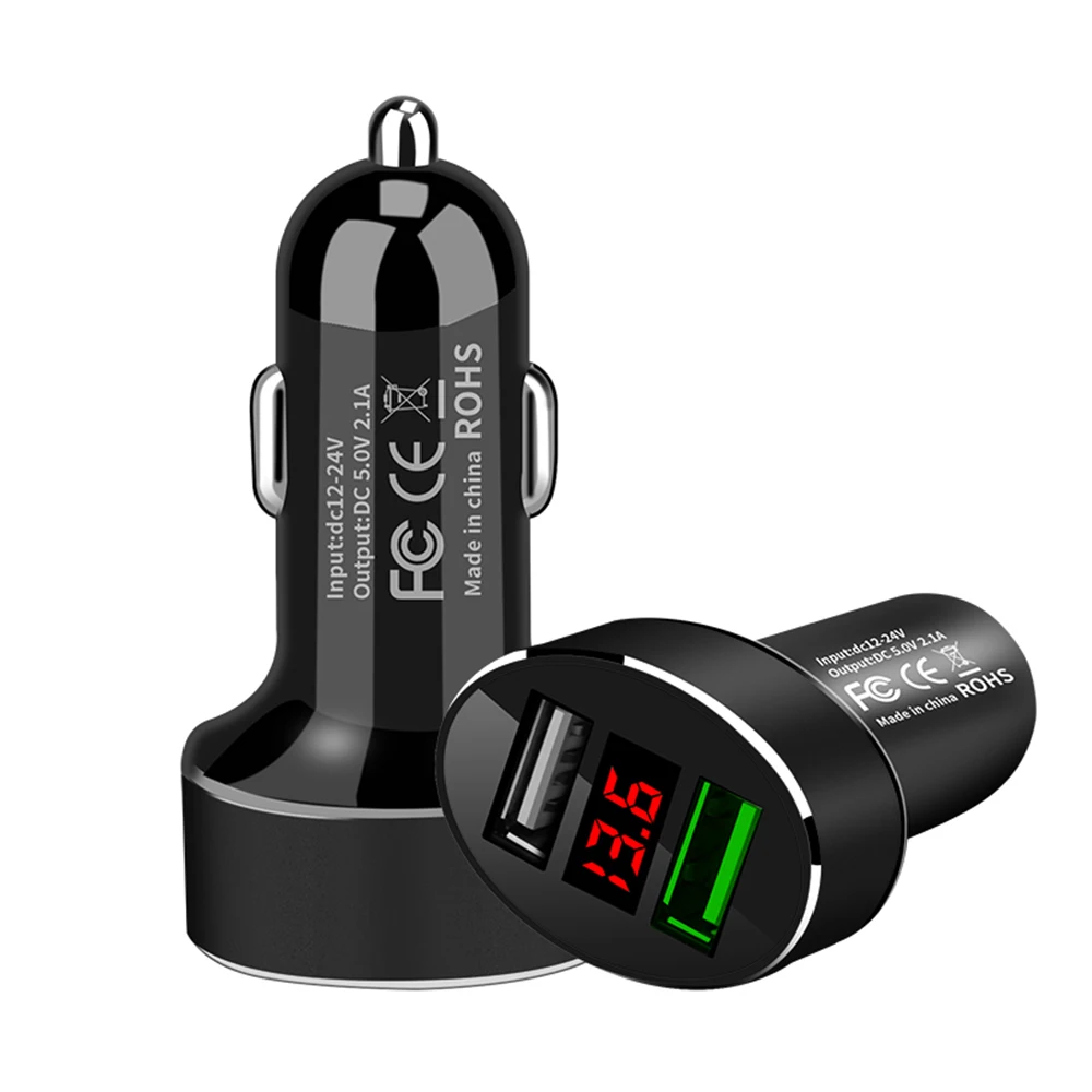 Автомобильное зарядное устройство с двумя USB, автомобильное зарядное устройство, адаптер, портативное автомобильное быстрое зарядное устройство, автомобильное зарядное устройство для мобильного телефона с дисплеем, черное прочное автомобильное зарядное устройство
