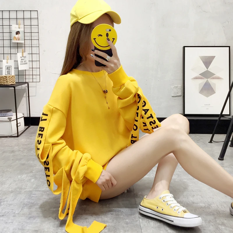 Женский свободный пуловер Ulzzang Harajuku длинный корейский с лентами Толстовка на