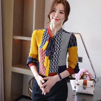 

COIGARSAM Full Sleeve Shirt Womens tops New Spring Print Bow Women shirts 8260