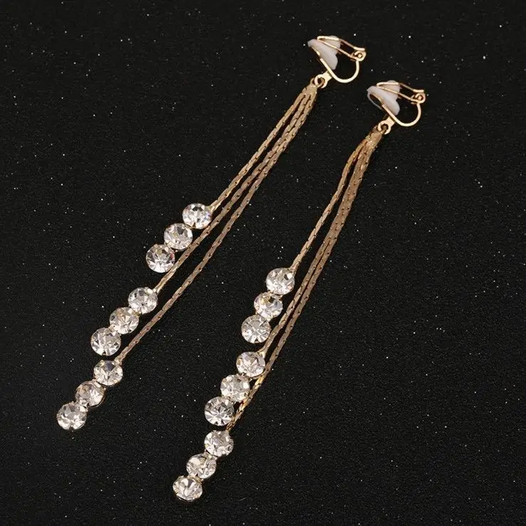 Classic Luxury Bridal Rhinestone Round Shape Long Tassel Clip on Earrings Non Piercing for Women ear clip earrings clip earrings ear clip ear accessories