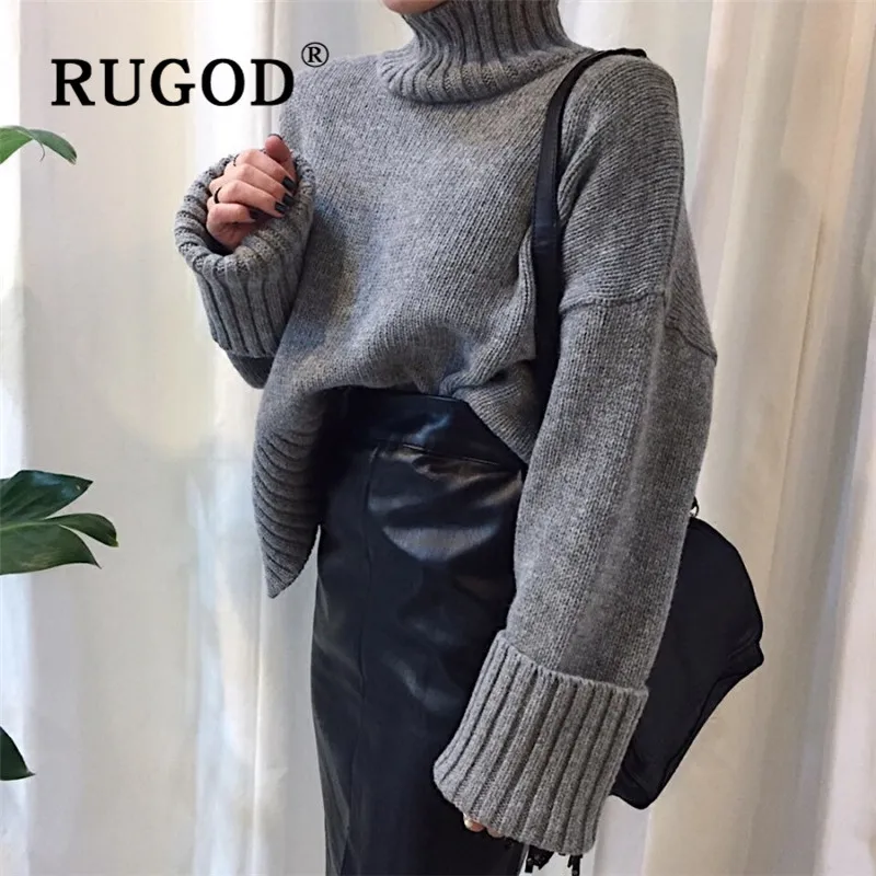RUGOD, новинка, зимний теплый свитер для женщин, круглый вырез, одноцветная водолазка, плотный вязаный свитер, пуловер, Модный женский корейский Базовый Топ