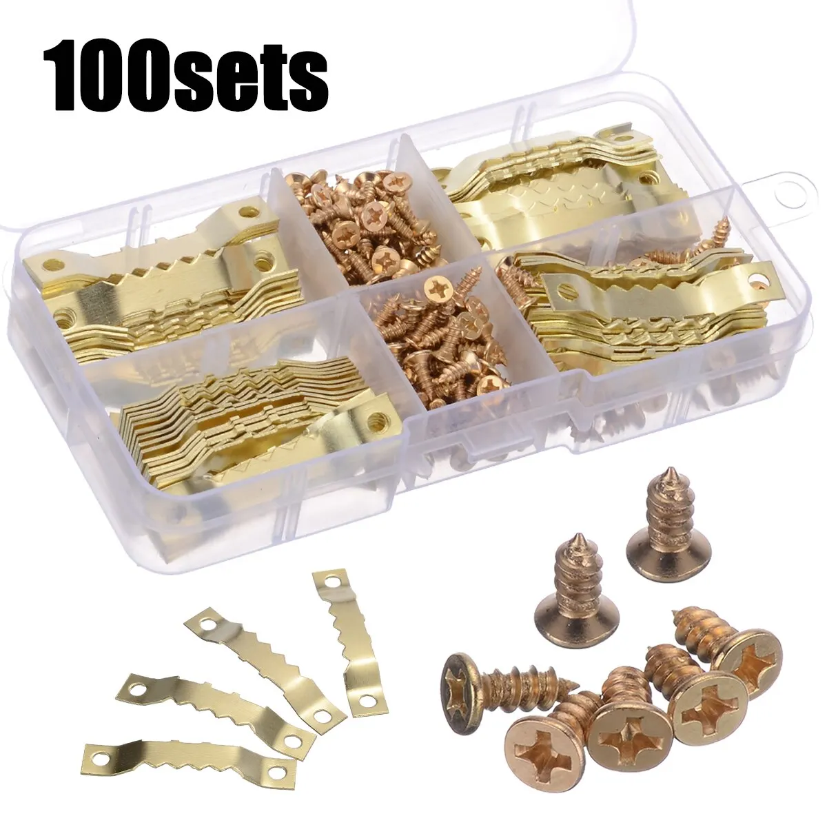 100 Sets 45*8mm Gold Saw Tooth Hangers Hanging Canvas Picture Photo Wall Oil Painting Mirror Saw Tooth Hooks with Screws