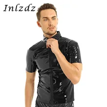 Унисекс белье цвета металл футболка майка Новинка хипстер ПВХ Кожа Стенд воротник с короткими рукавами спереди молния экзотическая Футболка Топ