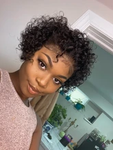 Beeos-peluca corta con rulos de corte Pixie 250%, 4x4, pelucas de cabello humano brasileño Remy, cabello humano de 8 pulgadas prearrancado con pelo de bebé