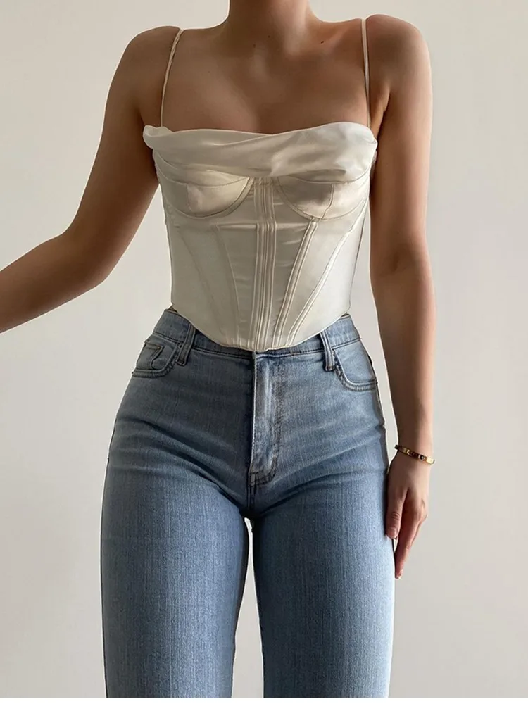 spanx camisole NewAsia Satin Corset Top Spaghetti Strap Lining Cowl Neck Boning Padded 2Layer Backless Zipper Bustier Sexy Crop Tops Women 2021 corset t shirt