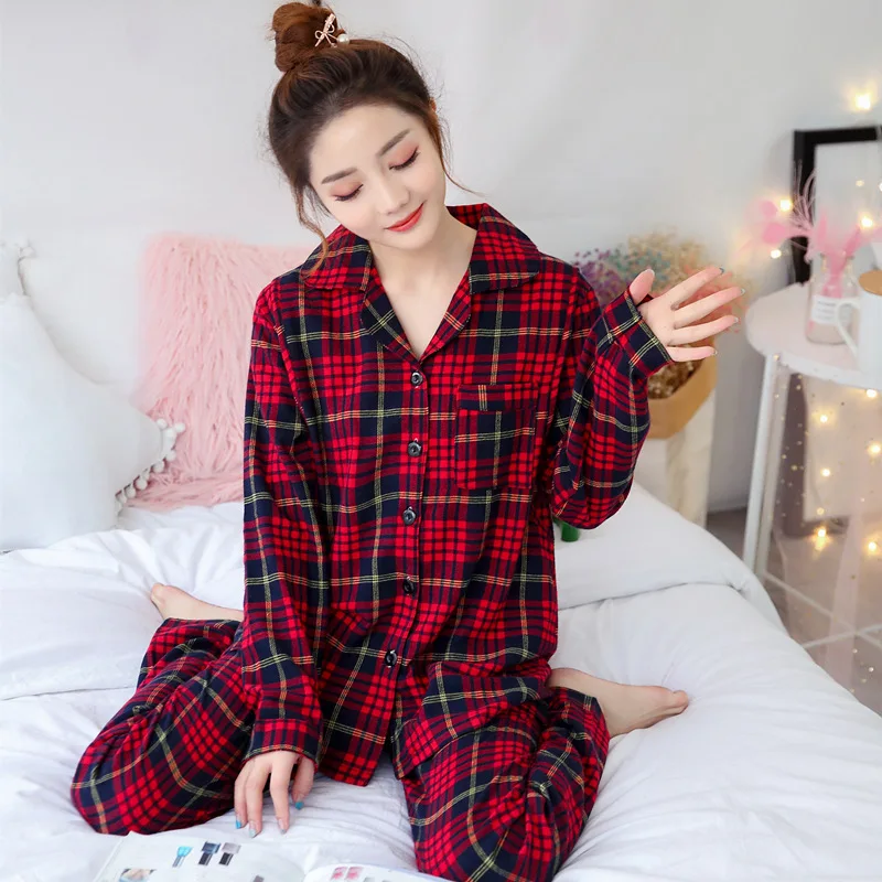 

Spring Autumn New Large Size Pajamas Suit Cardigan Lapel Cotton Plaid Print Can Breastfeeding Home Service Suit