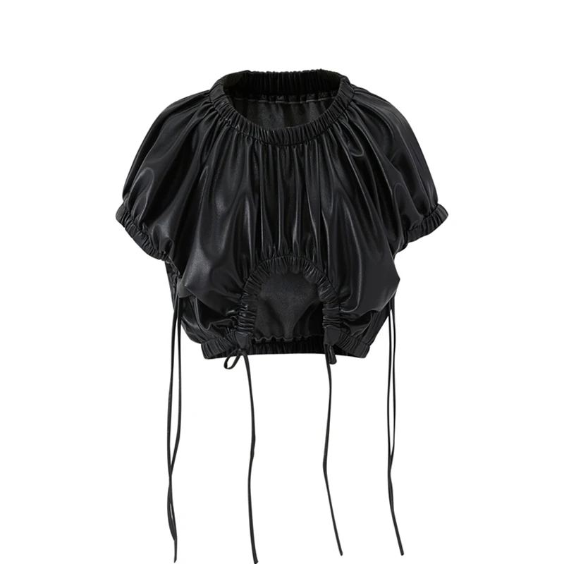 GALCAUR Black PU T Shirt For Women O Neck Short Sleeve High Waist Drawstring Ruched Streetwear Leather T Shirts Female 2020 Tide