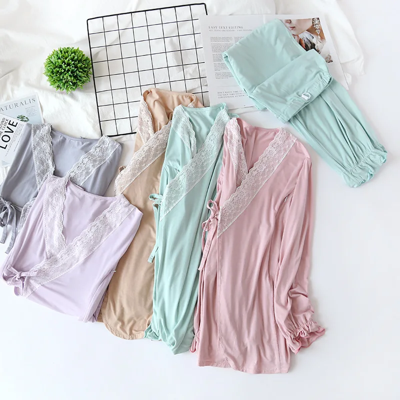 Conjunto de Enfermagem Roupa de Maternidade Vestido de Enfermagem Modal Maternidade Dormirwear Amamentação Pijama Camisola Lace Gravidez 2 Pçs - Set 13 2 Pçs set Modal Maternidade Sleepwear Conjunto