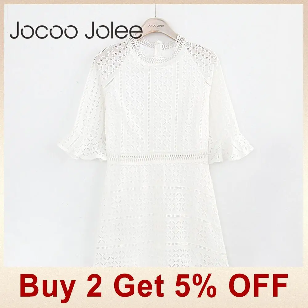 Jocoo Jolee Элегантное открытое кружевное платье для женщин с коротким рукавом Летний стиль миди белое платье Новое короткое Повседневное платье поступления