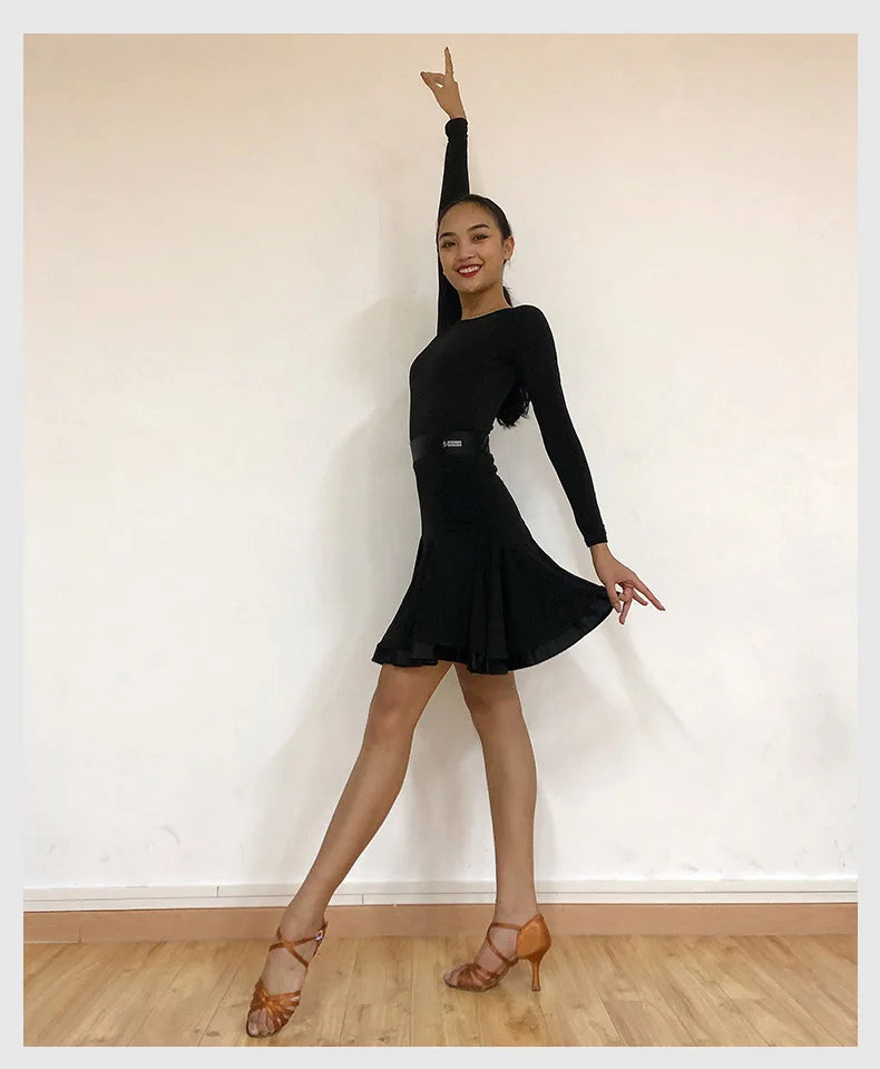 Новое платье для латинских танцев для женщин, профессиональная одежда для бальных танцев, костюм с длинным рукавом для латиноамериканских танцев, Топы+ юбка, 2 предмета, DWY2432