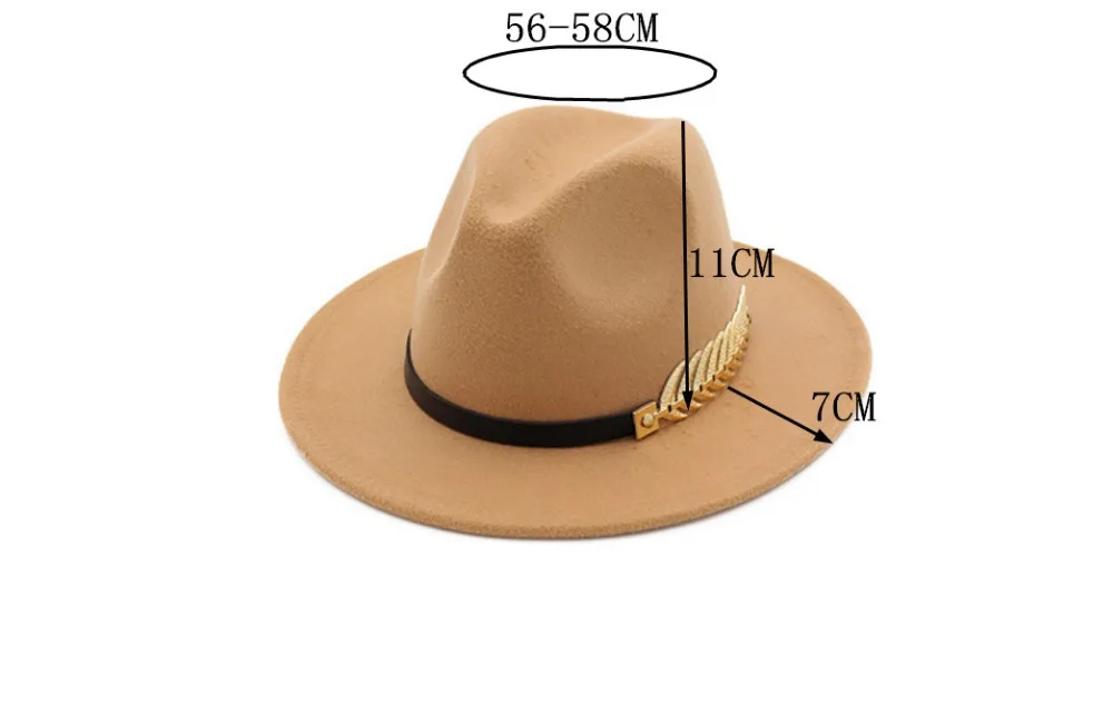 New Fashion Design Women Warm Winter Wool Metal leaf Belt Fedora Cap Wide Brim Cowboy Hat AD0779