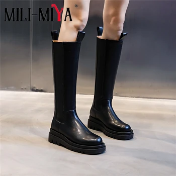 

MILI-MIYA Fashion Slip-On Women Cow Leather Knee High Microfiber Shaft Square Heels Round Toe Size 35-40 Motorcycle Boots Black