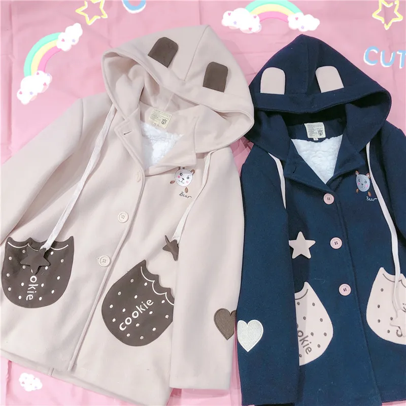 Женское зимнее японское мягкое пальто из овечьей шерсти с вышивкой в виде пентаграммы для девочек-подростков, милая верхняя одежда с длинными рукавами в студенческом стиле