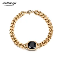JeeMango, классический, 14 мм, Квадратный, черный, кубический цирконий, браслет для женщин и мужчин, золотой цвет, нержавеющая сталь, звено, браслет на цепочке, JB18021G
