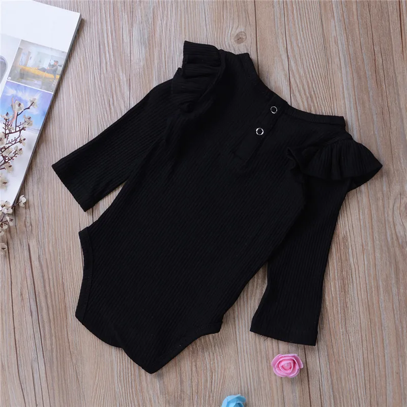 0-24M Newborn Jumpsuit Baby Boy Long Sleeve Romper Cotton Ruffled Solid Beige White Black Pink Playsuit For Infant Girls 4