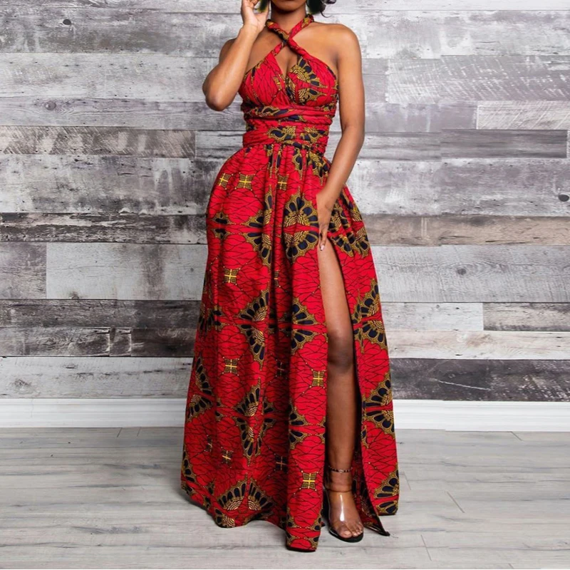

Women Dress Party African Sleeveless Vintage Floral Sexy Split Backless Dresses Woman Party Night