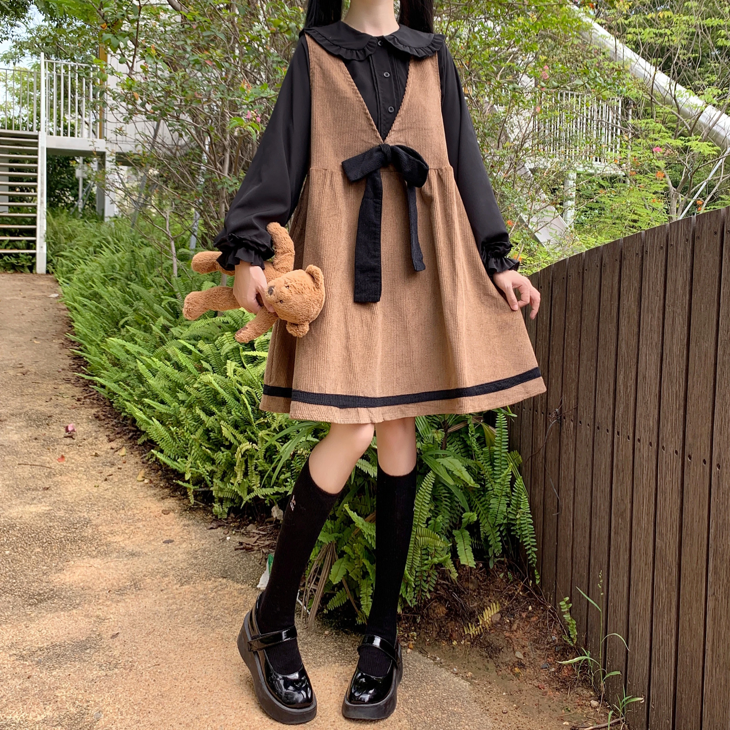 Ropa japonesa kawaii para mujer, vestido de lolita con cuello de muñeca, lazo, falda de PANA con tirantes, otoño|Vestidos Lolita| - AliExpress
