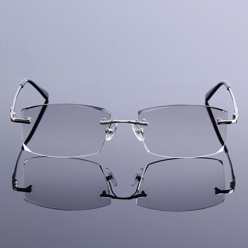 Kopen High Grade Diamond Snijden Lezen Leesbril Mannen Gradiënt Grijs Lens Randloze Frame Anti Straling Brillen Nieuwe Business Mannelijke